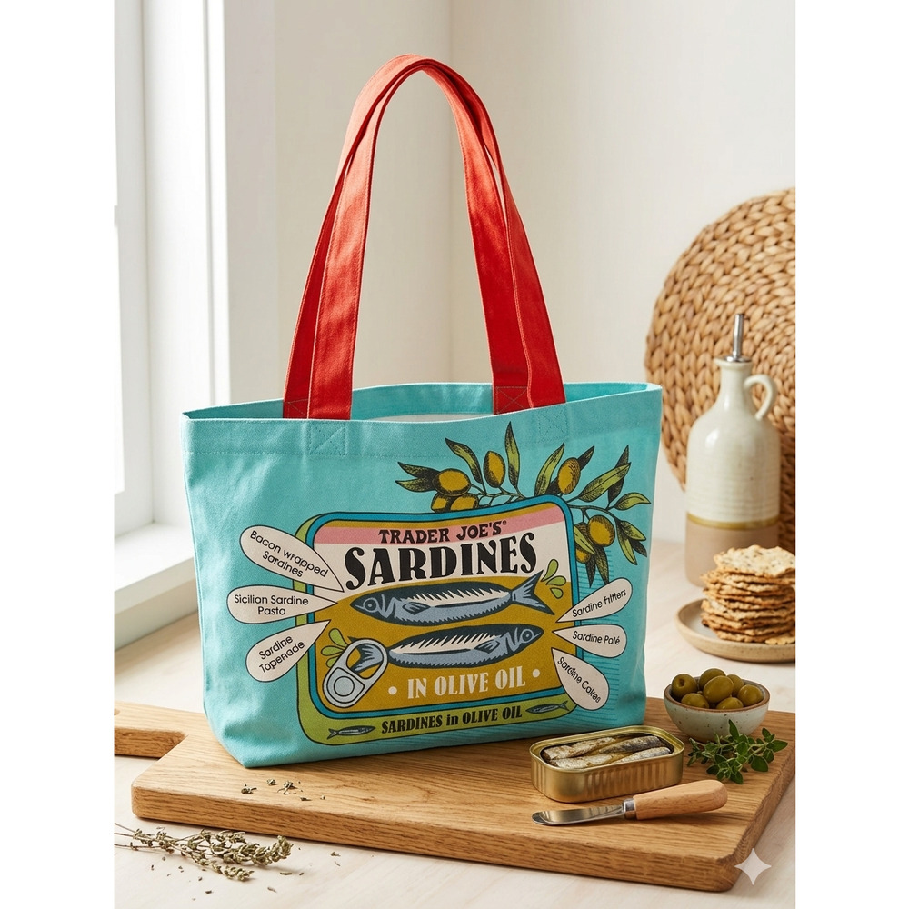 Trader Joe’s Sardines Reusable Tote Bag Blue Retro Grocery Shopping Bag RARE